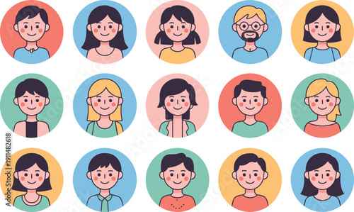 Diverse smiling cartoon avatar collection design, colorful people profile icons pack, flat vector illustration set, isolated background concept