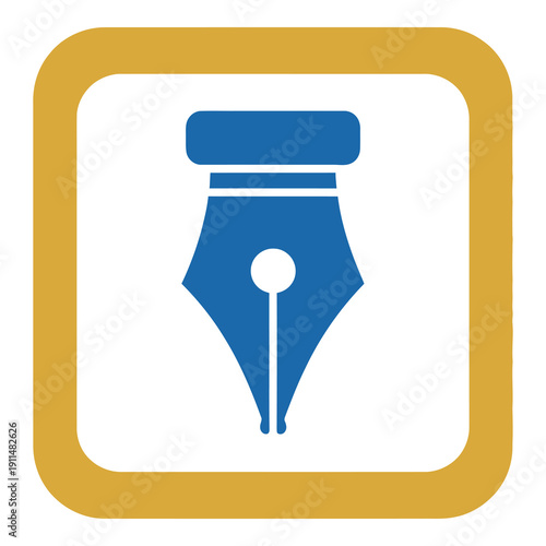 Blue fountain pen nib icon in yellow square frame graphic symbol icon