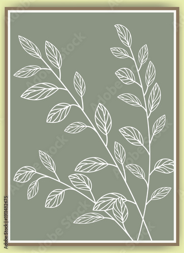 Elegant White Foliage Outline on Muted Green Background vector
