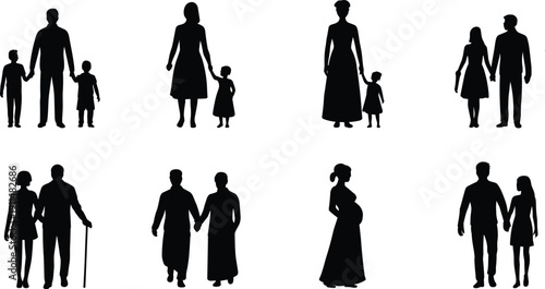 Family silhouettes collection design set, parents children couples and generations pack, black vector illustration set, isolated background concept