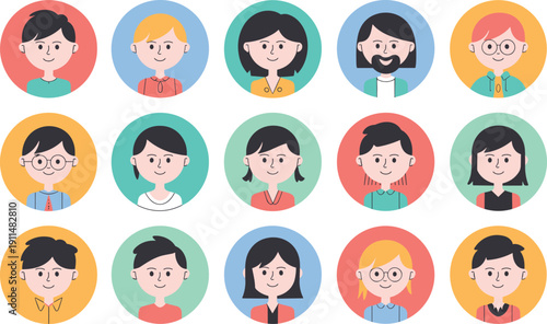 Diverse cartoon avatar icon collection design, colorful smiling people profile pack, flat vector illustration set, isolated background concept