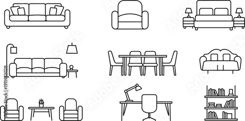 Furniture line icon set collection, sofa bed table chair office home pack, outline vector illustration isolated background design