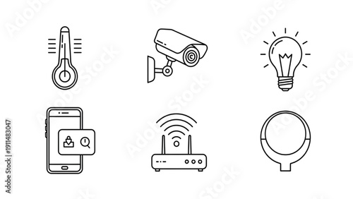 Smart home technology icons including thermometer security camera light bulb smartphone router and magnifying glass on white background for business and innovation concepts