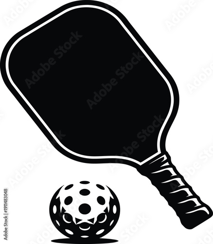 Pickleball paddle and ball silhouette icon set for racket sports equipment design and tournament branding graphic