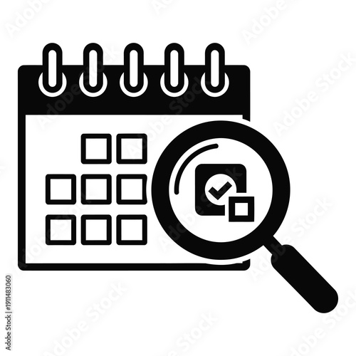 Black and white icon of calendar with magnifying glass checking dates icon