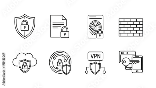 Set of cybersecurity icons including shield lock vpn cloud and brick wall for security and protection concepts