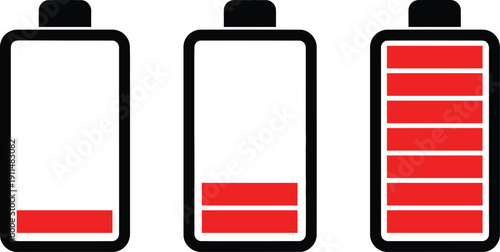 Battery level indicator icons showing full, medium, and low charge in red and white, symbolizing energy status.
