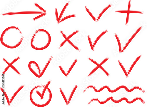 Collection of hand drawn red correction symbols for marking up documents