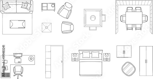 Furniture top view floor plan set, living bedroom dining office layout pack, outline vector illustration isolated background design
