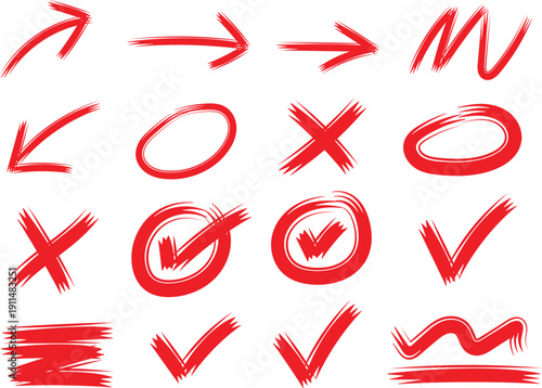 Collection of hand drawn red markers indicating confirmation correction and directional signs