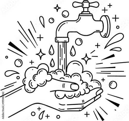 Hand washing with soap and running water under a faucet, depicted in a clean, stylized vector illustration for hygiene.