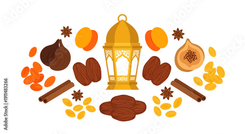 Ramadan Iftar Concept with Golden Lantern and Dried Fruits Vector Illustration