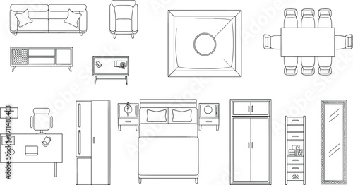 Furniture top view outline collection set, living bedroom dining office layout pack, architectural vector illustration isolated background design