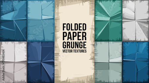 A collection of nine square paper textures in varying shades of blue and gray with a central folded text graphic high quality professional detailed modern elegant