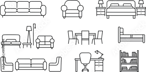 Home furniture outline icon design set, sofa bed table chair office decor pack, line vector illustration, isolated background