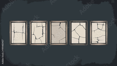 A series of five rectangular window frames display cracked aged glass against a dark textured background creating a somber mood high quality professional detailed modern elegant