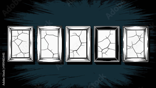 A row of five rectangular frames each containing a cracked or broken glass texture against a dark textured background high quality professional detailed modern elegant stylish