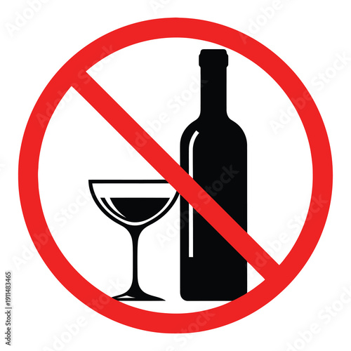 No alcohol sign with bottle and glass prohibition symbol icon