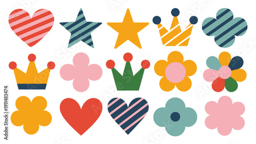 A colorful assortment of playful shapes includes hearts stars crowns clovers and flowers arranged in a repeating pattern high quality professional detailed modern elegant stylish clean