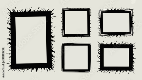 This image displays a collection of five irregularly shaped black rectangular frames against a plain off white background high quality professional detailed modern elegant stylish clean