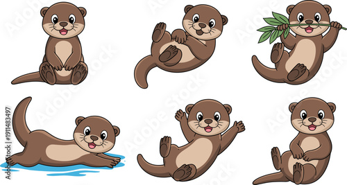 Cute baby otter cartoon character set with various poses and expressions for aquatic wildlife nature design and children educational sticker projects.