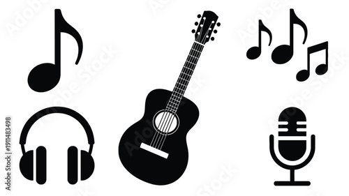 Black guitar headphones microphone and music notes white