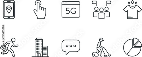 Business And Lifestyle Icon Set Vector Outline Smartphone GPS 5G Internet Running Businessman Office Building And Pie Chart