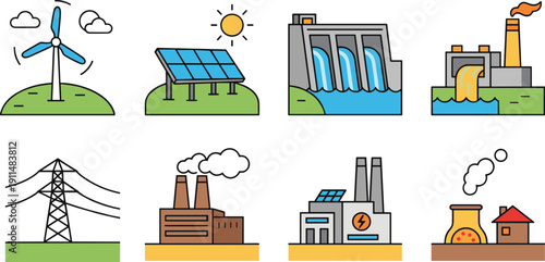 Renewable and nonrenewable energy sources icon set, power generation industry collection pack, flat vector illustration isolated background design