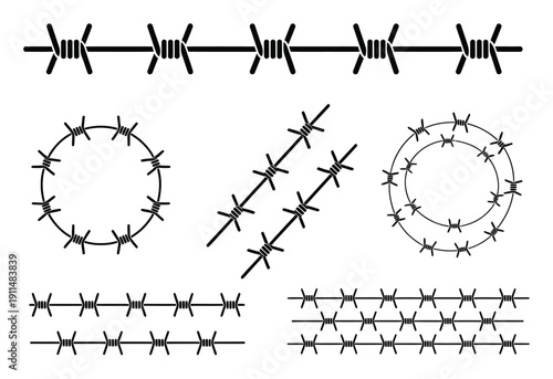 Collection of Barbed Wire Illustrations: Linear, Circular, and Diagonal Designs