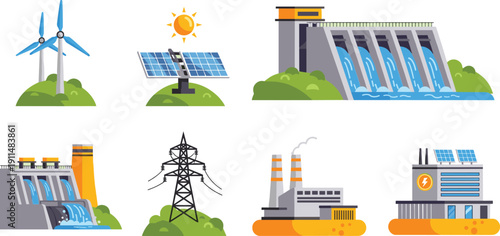 Renewable and traditional energy generation set, solar wind hydro power stations pack, flat vector illustration isolated background design