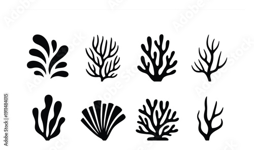 Collection of Black Silhouette Coral and Seaweed Icons on White Background