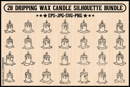 Collection of 28 vintage-style dripping wax candle silhouette illustrations for design projects Vector