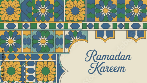 An ornate islamic pattern in shades of blue green and gold features a ramadan kareem greeting in elegant calligraphy high quality professional detailed modern stylish clean