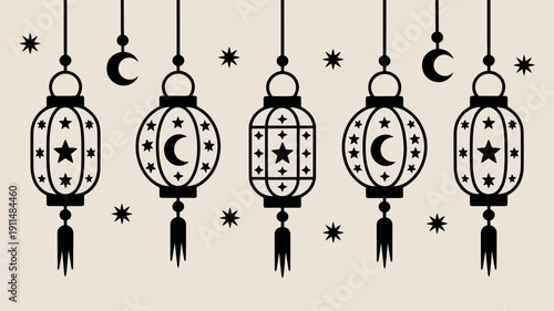 A decorative arrangement features five black lanterns and crescent moons suspended with tassels set against a soft beige background high quality professional detailed modern elegant stylish