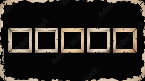 A series of five empty rectangular frames with a rustic aged aesthetic are displayed against a stark black background high quality professional detailed modern elegant stylish