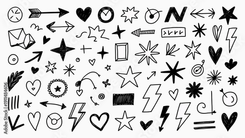 A collection of hand drawn doodle elements including arrows stars hearts lightning bolts and various abstract shapes in black and white high quality professional detailed modern