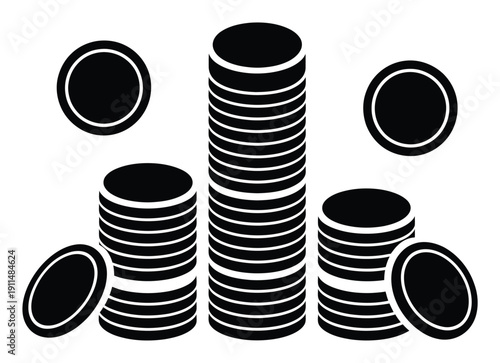 Stacks of Black Coins on a White Background