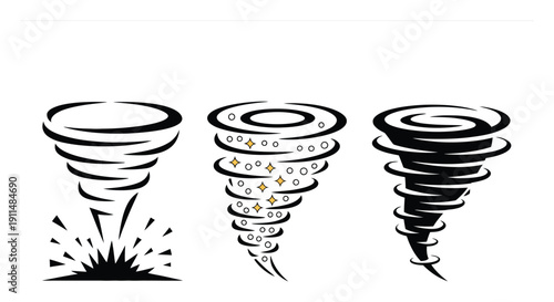 Three stylized illustrations of tornadoes, one with debris, one with sparkles, and one solid black