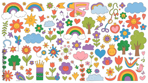 A vibrant collection of cartoonish stickers features rainbows flowers hearts trees and suns creating a cheerful and playful arrangement high quality professional detailed modern elegant stylish