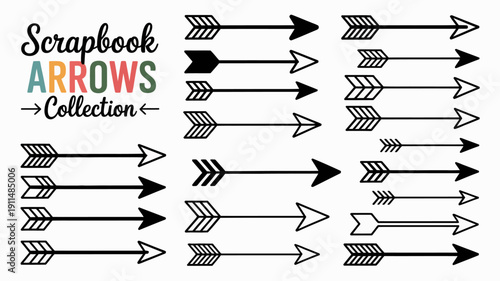 A collection of decorative scrapbook arrows in varying styles and sizes is presented against a clean white background high quality professional detailed modern elegant stylish crisp