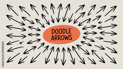 A collection of hand drawn black arrows pointing in various directions surrounds a central orange circle labeled doodle arrows high quality professional detailed modern elegant stylish