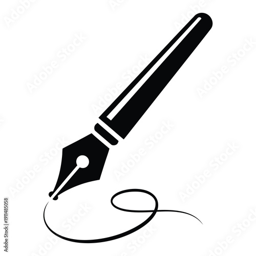 Black fountain pen nib writing on paper with ink line  office supplies icon