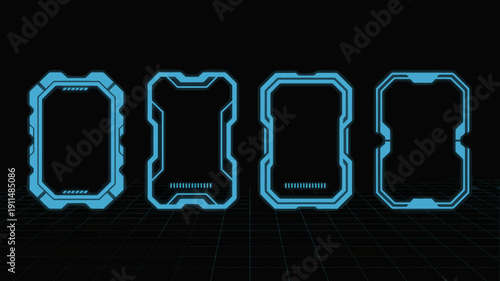 A dark background showcases four glowing futuristic cyan colored frames with varying geometric designs and digital elements high quality professional detailed modern elegant stylish clean crisp