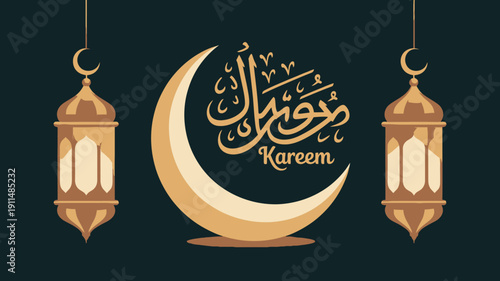 A festive ramadan kareem greeting featuring a crescent moon ornate arabic calligraphy and glowing traditional lanterns on a dark teal background high quality professional detailed modern