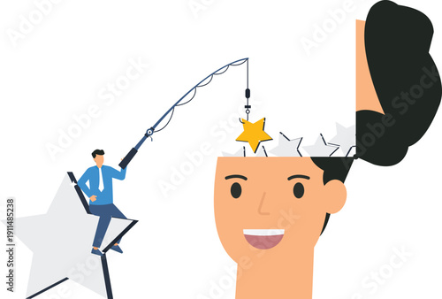Businessman fishing golden star from open human head for customer rating performance evaluation achievement goal business success quality service feedback mechanism