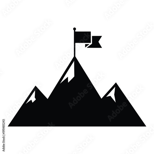 Black silhouette of mountain with flag on top icon