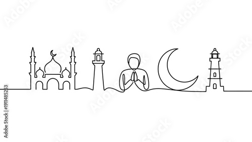 A continuous line drawing depicts iconic islamic structures a crescent moon and a praying figure forming a minimalist skyline high quality professional detailed modern elegant stylish