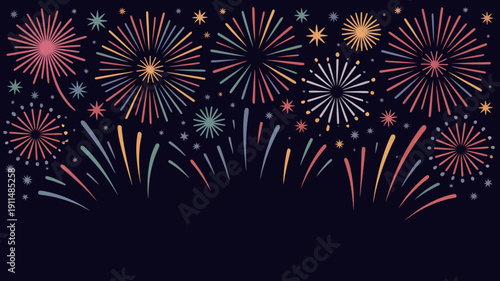 A vibrant display of fireworks illuminates a dark night sky featuring bursts of color and sparkling trails across the composition high quality professional detailed modern elegant