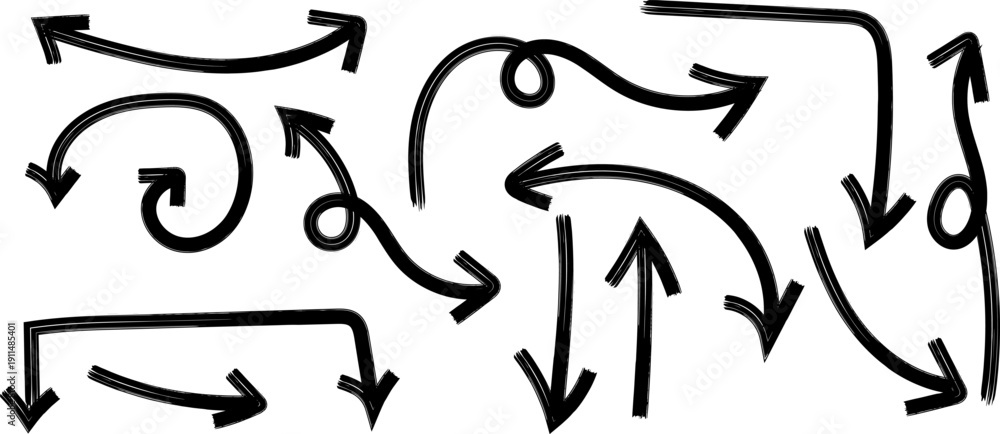 Fototapeta premium A collection of hand drawn black arrows in various shapes and directions including curves loops and straight lines on a white background