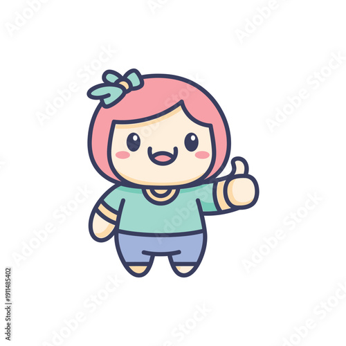 A cartoon girl with pink hair gives a thumbs up happily outdoors.